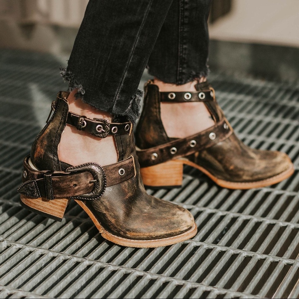 Freebird by Steven Distressed Brown Leather Cutout Ankle Booties with Buckle